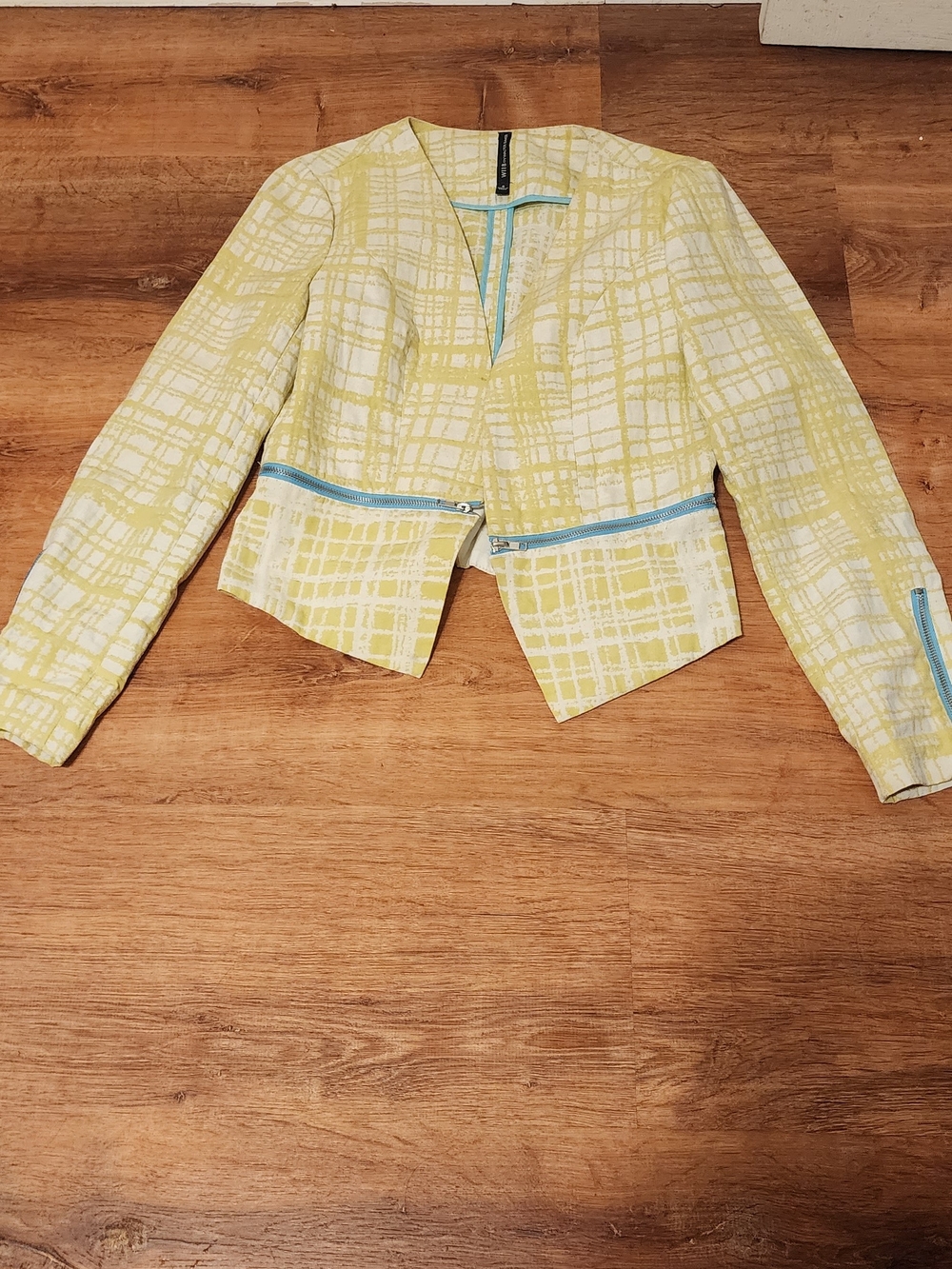W118 by Walter Baker Yellow Patterned Cropped Blazer with Blue Trim